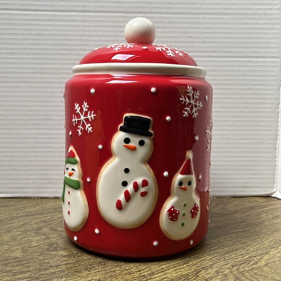 Hallmark Snowman Holiday Snowflake Red Ceramic Christmas Cookie Jar - Picture 3 of 13